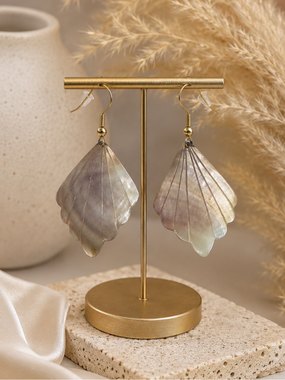 Mother of Pearl Shell Leaf Dangle Earrings Gold Tone Boho Statement 2”